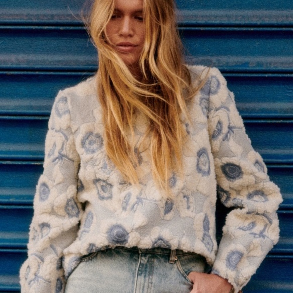 Sézane Floral Blue and Cream Cardigan